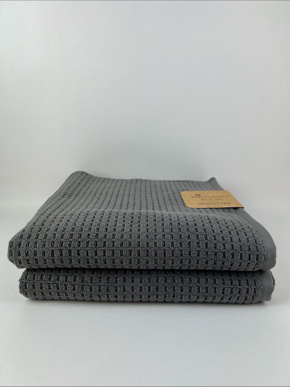 Ecoexistence Bath Towels Oversized Dark Gray Waffle Weave Soft Cotton 2 Pc NEW